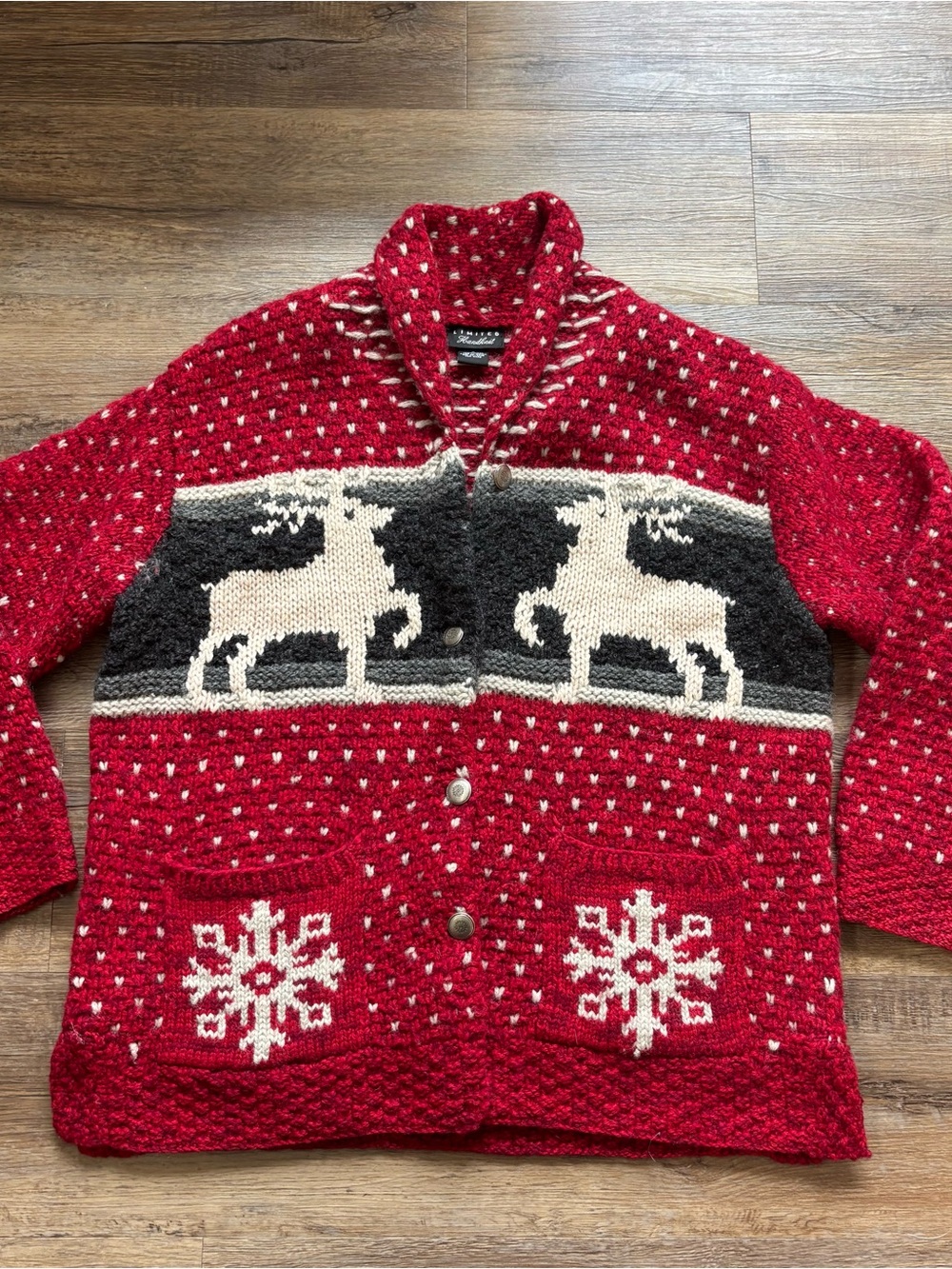 Hand Knit 100% Wool Reindeer Fair Isle Shawl Collar Unisex Sweater Cardigan